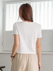 Envío gratis, entrega local enéxico, entrega en 4 días. Camiseta corta de cuello redondo de color sólido-Less, tops de estilo preppy de verano, ropa casual de negocios para mujer. - Blanco - Ver 3