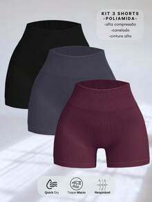 SET OF 3 SEAMLESS RIBBED SHORTS – HIGH COMPRESSION - Negro/Gris/Vino - Ver 1