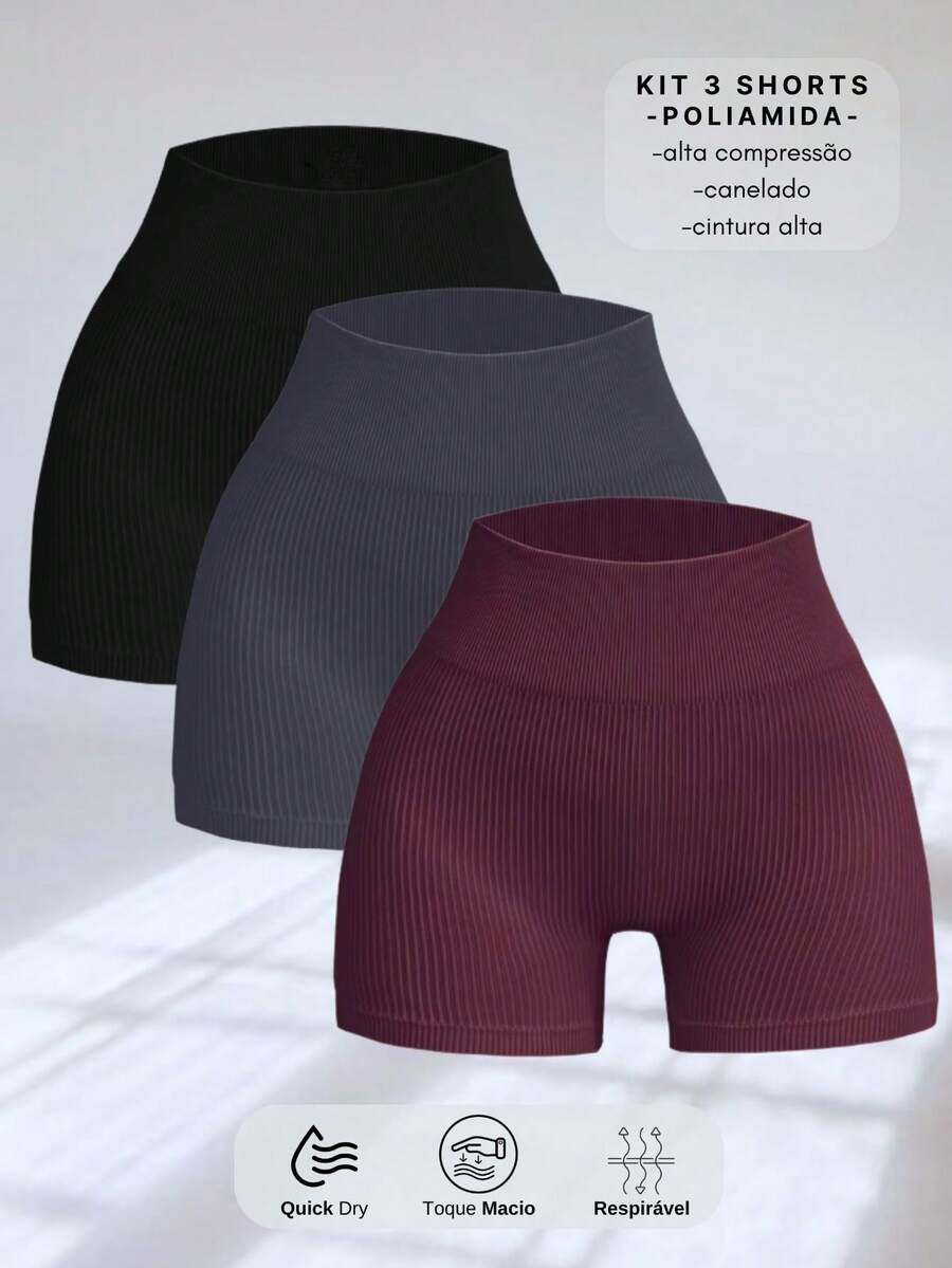 SET OF 3 SEAMLESS RIBBED SHORTS – HIGH COMPRESSION - Negro/Gris/Vino - Ver 1
