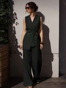 2 piezas Conjunto de ropa elegante, Blusa sin mangas con cuello en V y corbata en la cintura y Pantalones anchos de pierna ancha con bolsillos para mujer, Conjunto primaveral - Negro - Ver 2