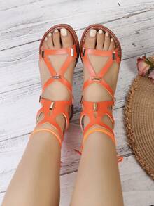 Sandal đế bằng cao cổ khoét rỗng đính đinh tán dành cho nữ, kiểu dáng thanh lịch, thời trang nghỉ dưỡng bãi biển, phong cách bohemian, gợi cảm, chất liệu da PU, đính đinh tán và khoét rỗng, thích hợp cho các bữa tiệc mùa hè. - trái cam - Xem 6