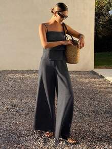 Conjunto de 2 piezas de top de tirantes con volantes y pantalones sueltos casuales de verano para mujer - Gris Oscuro - Ver 4
