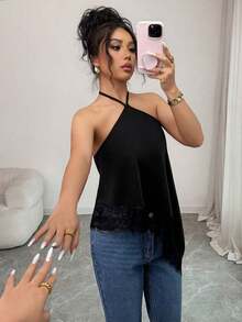 Nuevo top de verano para mujer con cuello halter, color negro, cuello con lazo, bajo asimétrico con adorno de encaje, top sexy de mujer, blusa sin mangas ajustada con decoración de encaje lujosa y espalda descubierta, adecuado para fiestas, cócteles, ocasiones formales y casual de negocios, atuendo de playa para mujer - Negro - Ver 6