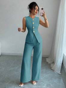 Traje casual/de trabajo elegante de mujer con decoración de botones florales - Verde 2 - Ver 3
