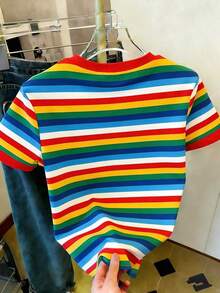 Camiseta de mujer de manga corta, cuello redondo y rayas, informal, para verano - Multicolor 7 - Ver 2
