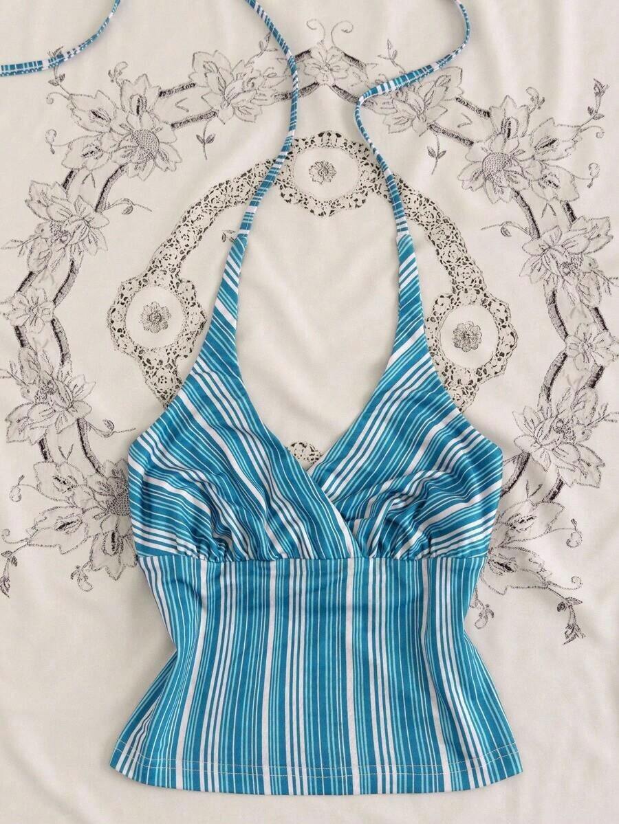 Camiseta de mujer de unicolor con cuello de halter plisado y lazo, versátil para vacaciones y citas - Celeste - Ver 1