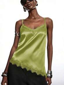 2026 Nueva Blusa Minimalista de Primavera para Mujer de Satén Azul Claro con Encaje Brillante, Elegante Camiseta de Tirantes con Encaje, Adecuada para Primavera/Verano; Camisa Elegante, Adecuada para Fiestas, Primavera, Navidad, Año Nuevo, etc.Ele - Verde - Ver 3