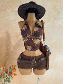 Top sin espalda con cuello halter y textura vintage para mujer, verano - Morado - Ver 3
