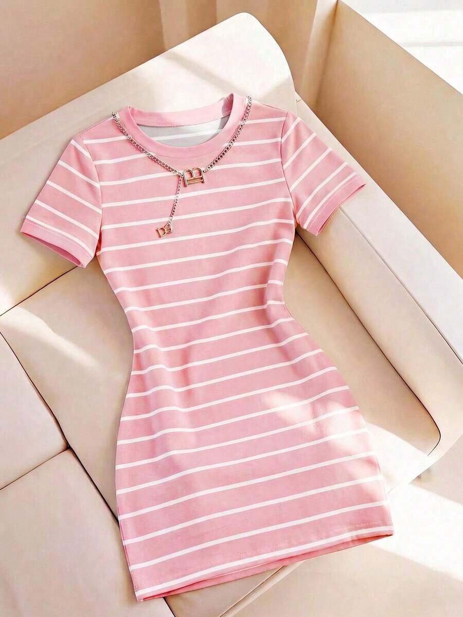 Vestido mini casual de mujer con rayas, de verano - Rosa Pálido - Ver 1