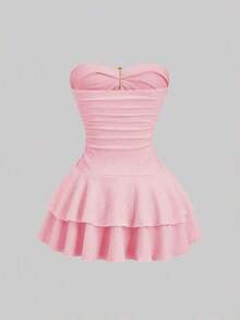 Vestido mini elegante sin tirantes con volantes en capas para mujer - Rosa Pálido - Ver 2