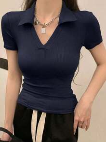 Camiseta de manga corta de cuello polo de color liso y ajuste ceñido para mujer, de uso casual en verano - Azul marino - Ver 6