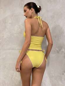 Conjunto de bikini a cuadros de cereza dulce - Amarillo - Ver 5
