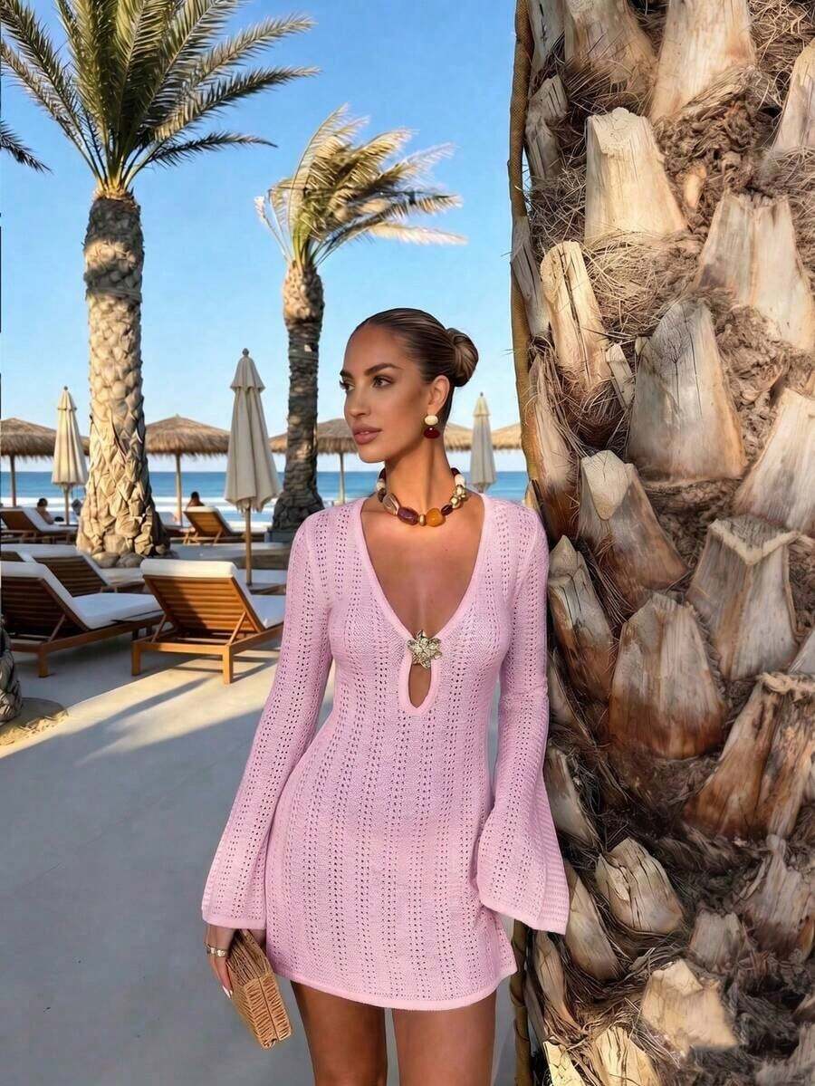 Vestido de manga larga de punto para mujer, estilo de vacaciones en la playa - Rosa - Ver 1