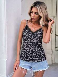 Camiseta de verano para mujer con estampado de leopardo marrón, de estilo minimalista, retro y elegante, versátil para uso diario o vacaciones.Camiseta de mujer con escote en V y encaje de contraste a la moda - Multicolor 9 - Ver 10