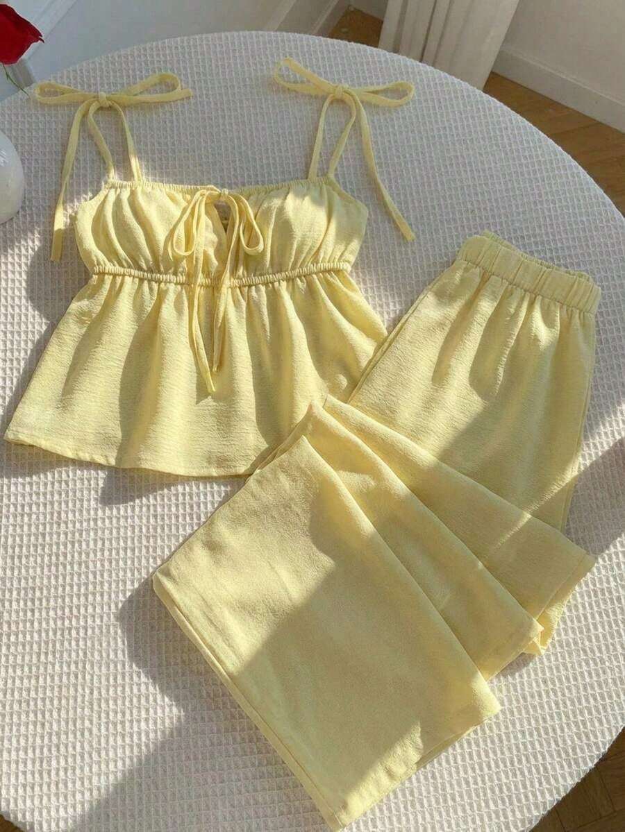 Conjunto de 2 piezas de camiseta de tirantes y pantalones con estampado de lunares, estilo casual de primavera para mujer. Conjunto de 2 piezas de lunares lindo para verano. Conjunto de 2 piezas de lunares para Halloween. - Amarillo - Ver 1
