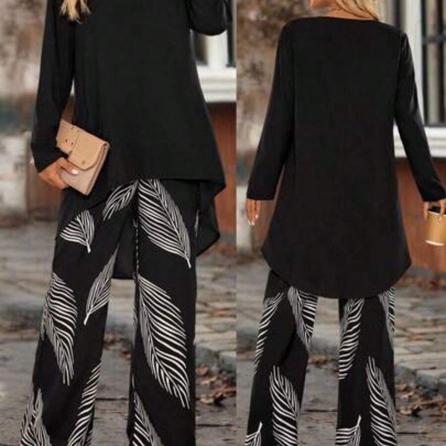 Women's Casual Commuter Solid Color Front Short Back Long Top & Floral Print Long Pants 2 Pieces Set Omen's Full Print Round Neck Long Sleeve High-Low Hem Top And Wide Leg Pants Loose 2 Pieces Set Two Pieces Pants Set Women Blouse And Pants Set Women Ladies Casual Pants Set Women Two Pieces Outfit Summer Pants Sets Women's Solid V-Neck Short Sleeve Shirt And Printed Pants Casual Suit 2pcs Summer Women Allover Allover Print Short Sleeve Top And Solid Color Pants Set Fall Women Clothes Fall Cloth - Negro - Ver 1