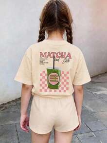 This Apricot Casual Round Neck Children's T-Shirt Features A Creative "Beverage Theme" Printed Design - Apricot - View 2