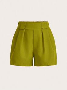 Pantalones cortos casuales sueltos con bolsillos y pliegues de unicolor para mujer - Verde - Ver 4