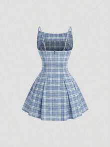 Elegante vestido mini ajustado sin mangas con estampado de cuadros - Azul - Ver 2