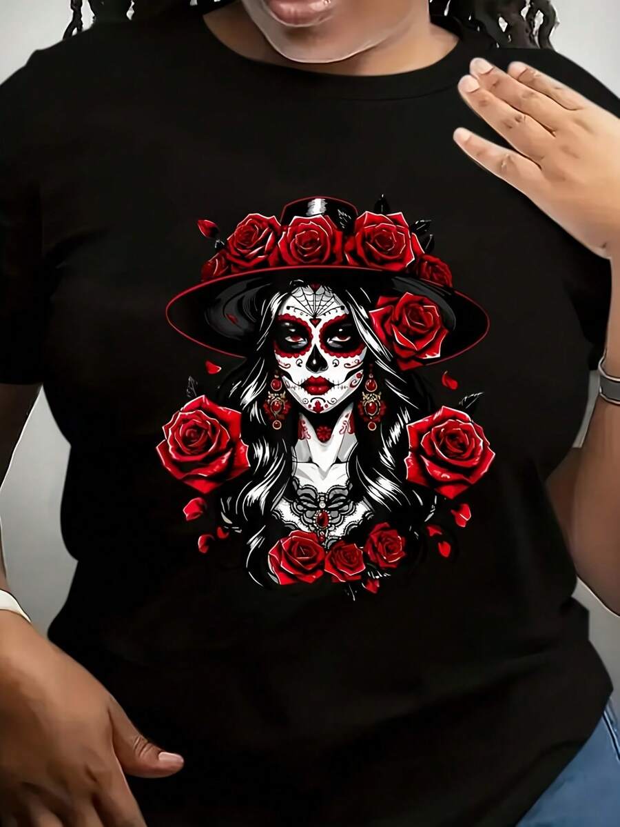 Camiseta La Catrina Día de los Muertos - Estampado Gráfico de Calavera Mexicana y La Calavera Catrina, Camiseta Unisex de Talla Grande con Diseño de Rosas Rojas y Sombrero, Suave y Transpirable 220gsm, Ropa Ligera del Día de los Muertos para Hombres y Mujeres - Negro - Ver 1