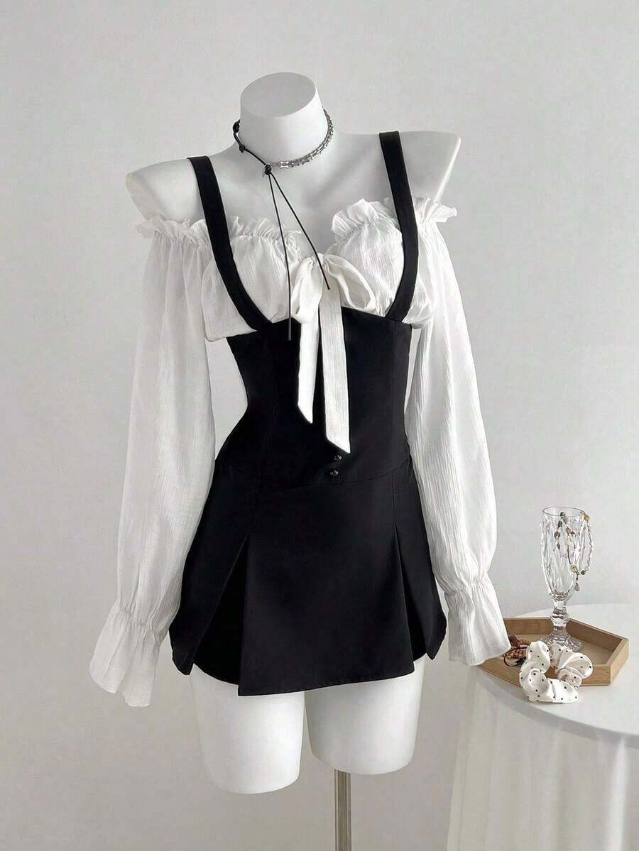 Vestido corto de mujer con hombros descubiertos y contraste de color - Blanco y Negro - Ver 1