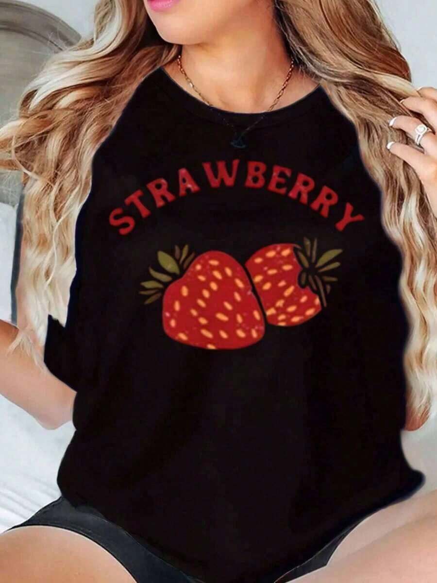 Plus Size Women's T-Shirt With Strawberry Print, Fruit Graphic Design, Casual Summer Style, Round Neck, Comfortable, Loose Fit, Ideal For Everyday Wear - Urban Vintage Style, Unisex, Cotton, Short Sleeve, Round Neck. - 黑色 - 查看 1