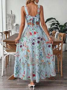 Vestido deslizante casual y elegante con diseño de cintura elástica, lazo de moño y estampado floral para vacaciones y uso diario de mujer - Azul - Ver 2
