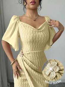 xheModelyn Vestido elegante ajustado con cuello de volantes, mangas de pétalos y hebilla metálica de bloque de color para mujer, primavera/veranoxhe - Amarillo - Ver 3