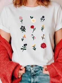 Camiseta para mujer 100% algodón con textura suave y cómoda, cuello redondo y manga corta ideal para toda ocasión playera con estampado de imitación de flores bordadas Otoño invierno primavera verano - Blanco - Ver 1