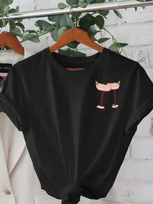 Camiseta con estampado de patrón de cóctel, diseño simple y versátil, manga corta, cuello redondo, estilo casual, camiseta de algodón para mujer, primavera/verano. - Negro - Ver 2