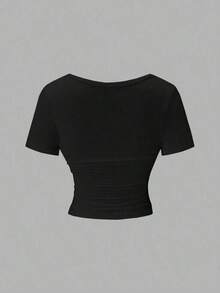 Camiseta corta de verano para mujer de unicolor, con escote en V cruzado, manga corta y ajustada, para uso casual y de vacaciones - Negro - Ver 2