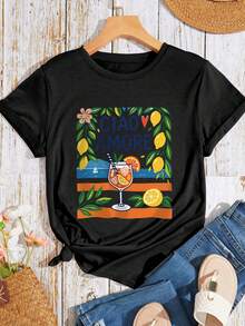 Summery, Cute And Lively Women's Top, New Lemon-Colored Italian Style, Short Sleeves, Daily Casual Fashion, Retro Style, Spring-Summer Casual Sporty Style, Women's Plus Size Top, Comfortable Soft T-Shirt With Crew Neck And Short Sleeves, Sporty Summer Tops. - Black - View 6