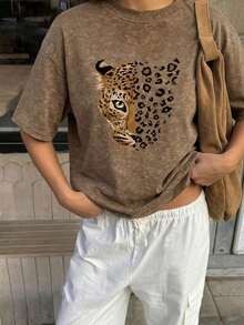 Nueva blusa de verano con estampado de cara de leopardo vintage, cuello redondo, teñido anudado y manga corta.Elegante y versátil para mujer. - Marrón 2 - Ver 3