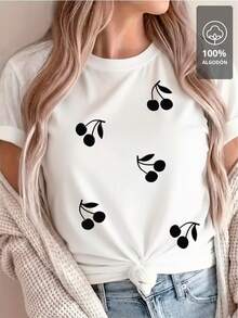 Patrón de cerezas negras - Camisa 100% - Blanco - Ver 1