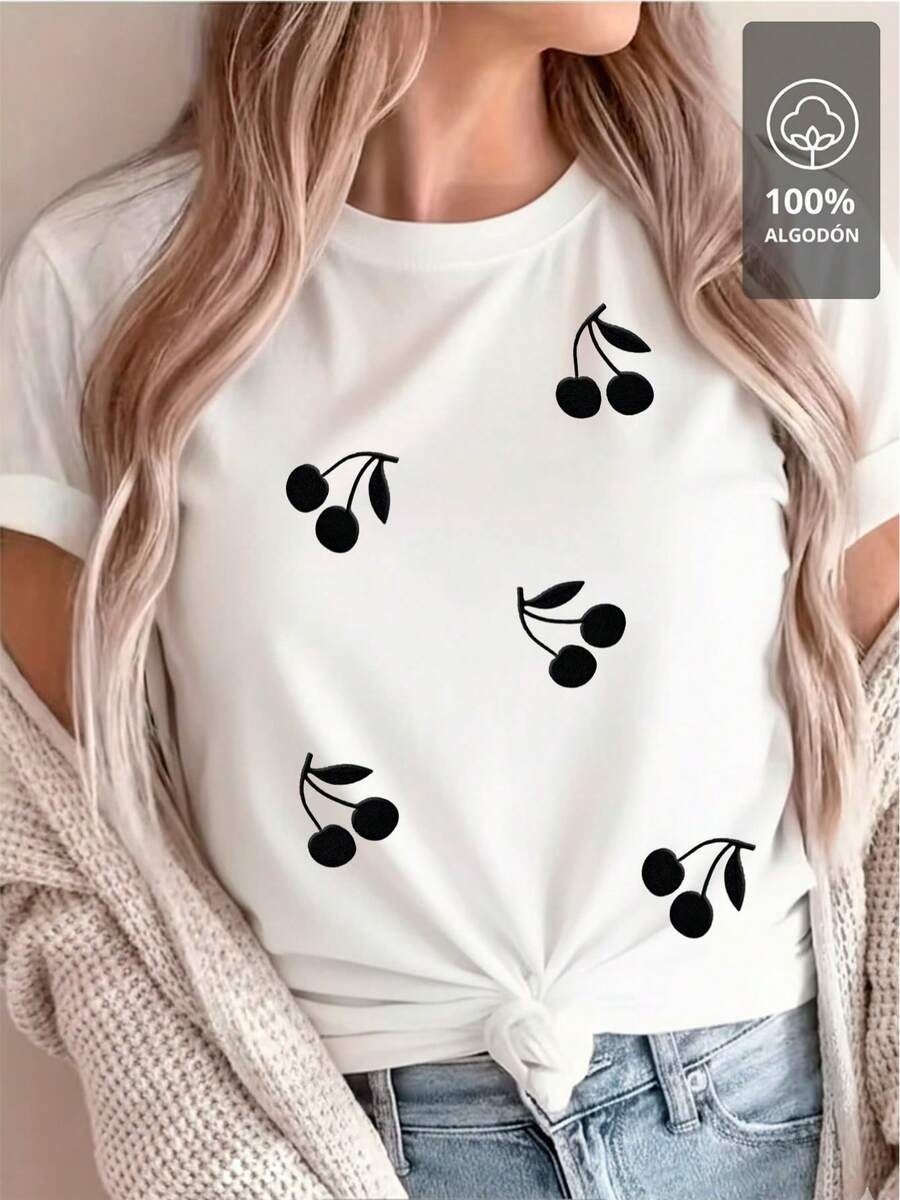Patrón de cerezas negras - Camisa 100% - Blanco - Ver 1