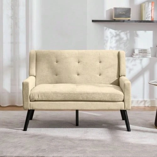 Premium Linen Bench (2-Seater) With Non-Slip Solid Wood Legs And High-Density Foam Cushion – Button-Upholstered Accent Chair For Living Room, Bedroom And Office - Beige - View 1
