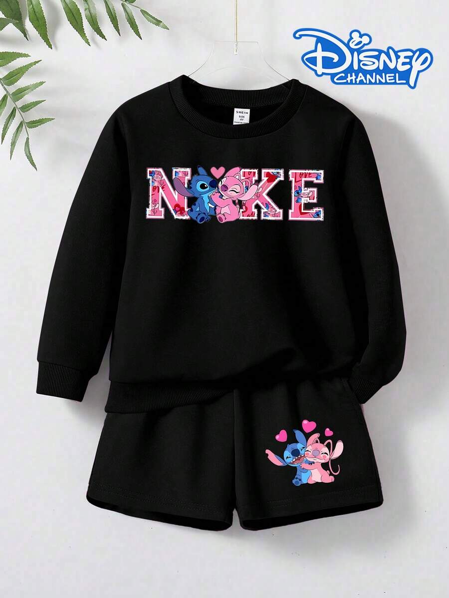 Conjunto de sudadera estampada y pantalones cortos de "Lilo y Stitch" de Disney para niños, ropa deportiva para niñas preadolescentes, colaboración de Disney - Negro - Ver 1