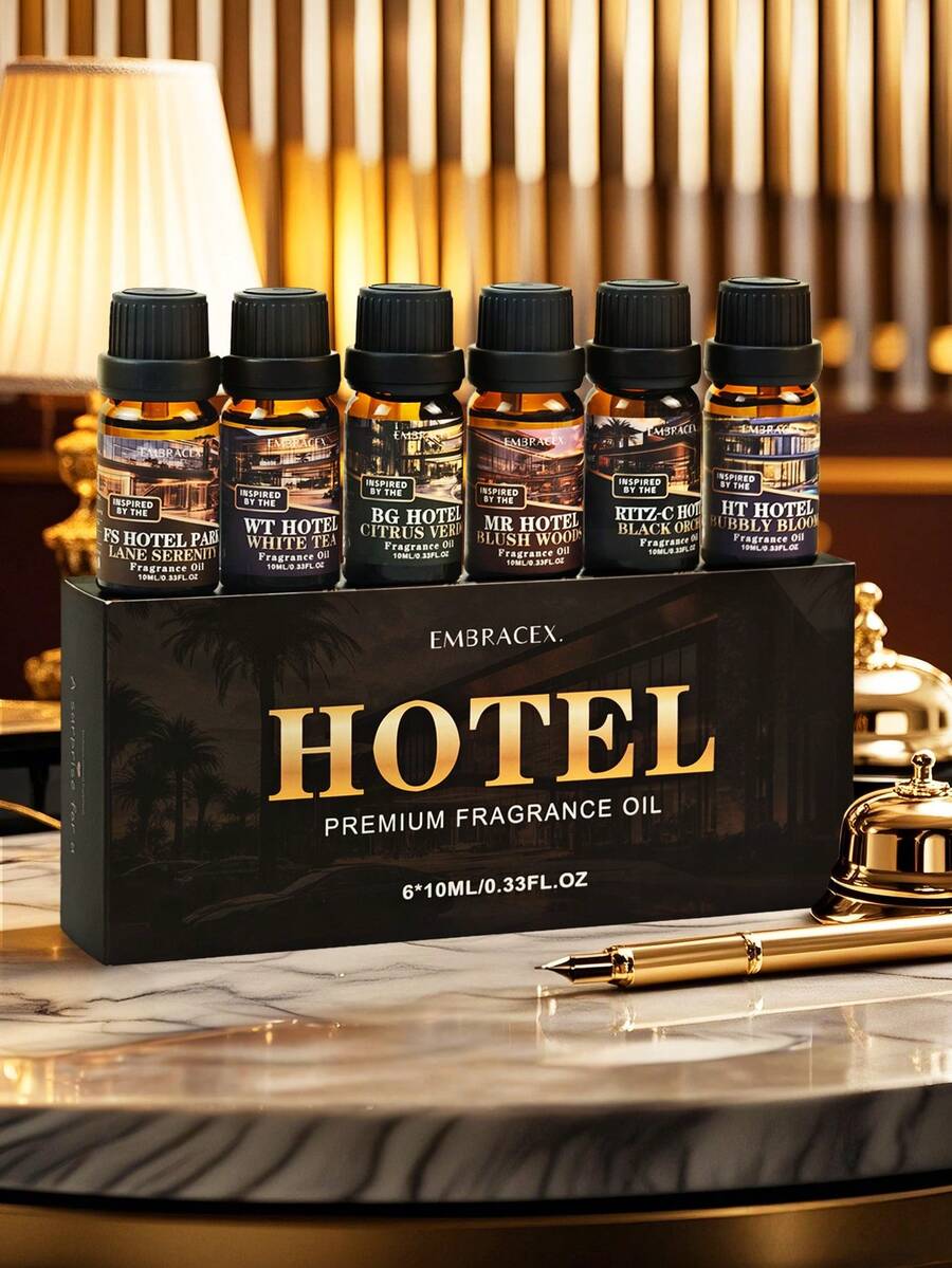EMBRACEX. 6 piezas/1 pieza Juego de aceites esenciales de hotel de 10 ml - Té blanco, Serenidad de Park Lane, Santuario carmesí, Orquídea negra, Té blanco, Flores efervescentes, Verdor cítrico. Experiencia de hotel de 5 estrellas, regalo de lujo, difusor, humidificador, elaboración de velas, difusor de varillas, decoración del hogar, aceites de aromaterapia