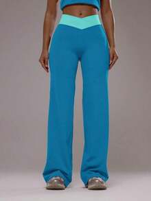 Sport Pantalones de yoga con cintura cruzada y capas, conjunto deportivo solo para actividad, entrenamiento, gimnasio, pilates, fitness, uso diario casual, cuarzo ahumado, verano, vacaciones - Azul - Ver 2
