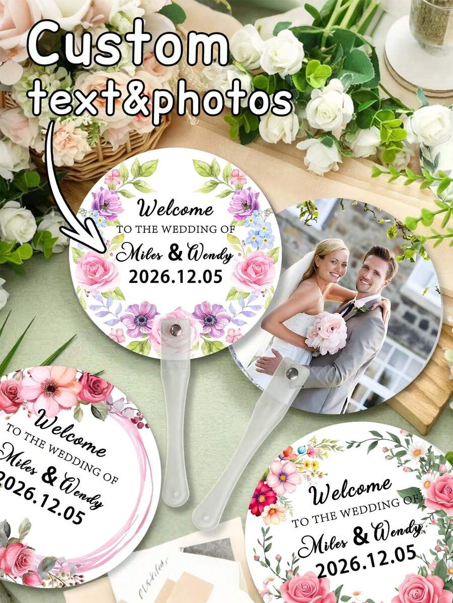 Personalized Wedding Hand Fan, Customizable With Name, Date, Photo And Other Information. Durable Plastic Handle, Suitable For Weddings, Bride Celebrations And Outdoor Events - Multicolor - View 1