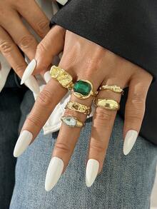 6pcs/Set Vintage Elegant Bohemian Asymmetrical Geometric Green Crystal Metal Rings Set, Suitable For Women's Daily Casual, Party, Beach Vacation, Stackable - Gold - View 6