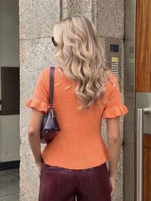 Blusa de punto con volantes en el bajo, de manga corta y color naranja, elegante y casual, adecuada para el uso diario y el transporte, ropa casual de verano para mujer - Naranja Coral - Ver 7
