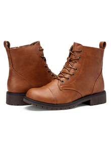 Women's Lace Up Combat Ankle Boots – Flat Low Heel Fashion Booties - 鏽棕色 - 查看 6