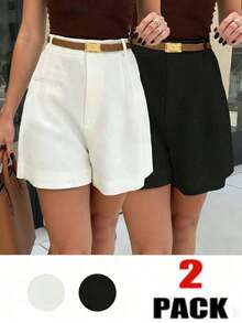Pantalones cortos de pierna ancha con cremallera de unicolor, de moda casual, apropiados para el verano - Blanco y Negro 2 - Ver 1