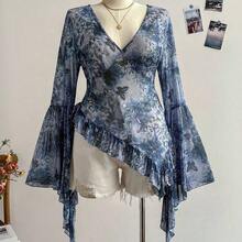 WYWH CURVE Plus Size Women Print Deep V-Neck Flare Sleeve Ruffle Hem Blouse - Multicolor - Ver 6