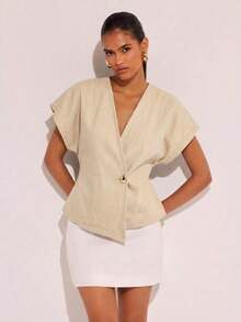 Denim Blusa de mezclilla de manga de murciélago con un solo botón de moda para mujer, de verano - Albaricoque - Ver 4