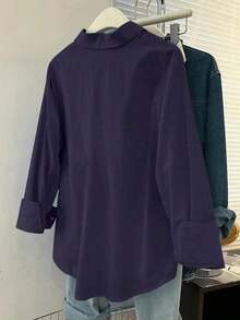 Camisa casual de mujer de unicolor, de manga larga, de un solo pecho y con bolsillo - Azul marino - Ver 2