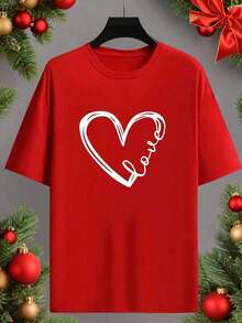 Camiseta gráfica de mujer de manga corta con cuello redondo, de moda con estampado de corazón, para uso diario casual100% Cotton - Rojo - Ver 6