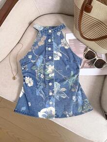 Frenchy Blusa vaquera de mujer con cuello halter y estampado floral, top de verano, atuendo de primavera, top de Pascua, top de festival, top de fiesta, atuendos de playa para mujer, top de graduación, blusas elegantes de mujer, blusas casuales para mujer, atuendos de vacaciones de mujer, atuendos de vacaciones de playa para mujer, top azul, top halter de mujer con estampado floral y denim, blusa sin mangas con botones hacia abajo, moda de verano - Lavado ligero - Ver 1