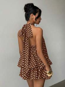 Vestido mini elegante de mujer con estampado de lunares y escote halter sin espalda - Marrón - Ver 2